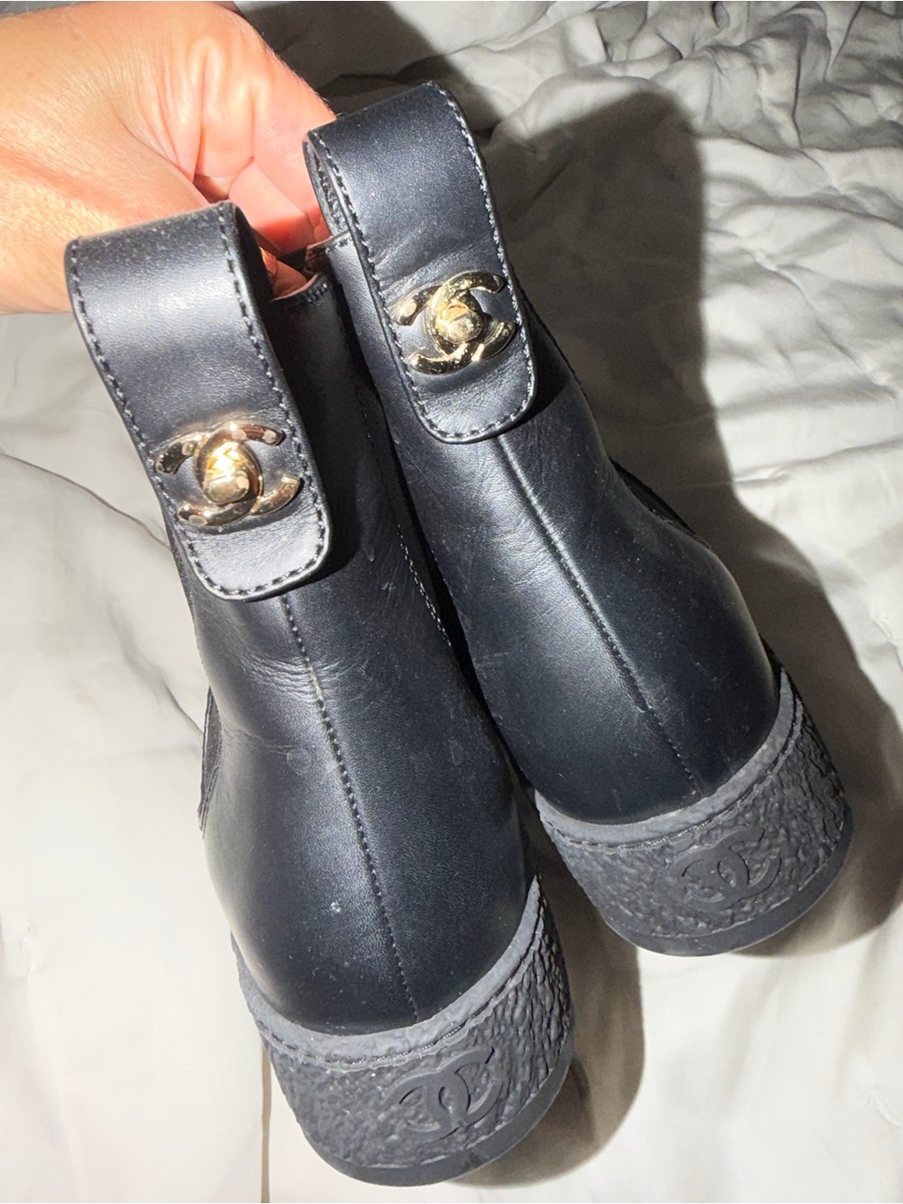 CHANEL Black Leather Platform Chelsea Booties with Gold CC Accent rubber sole